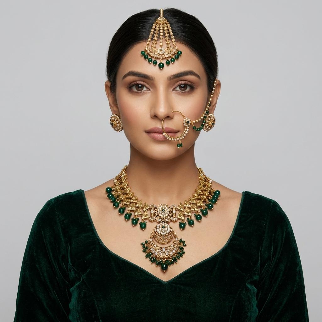 AI Model for Elegant GoldLook Dark Green Jewelry Set