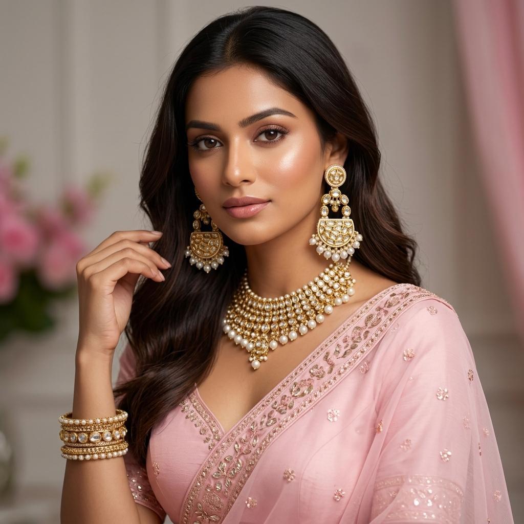 AI Model for Elegant Baby Pink GoldLook Earrings