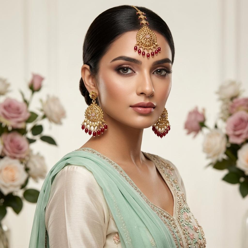 AI Model for Exquisite Mint Green GoldLook Earrings