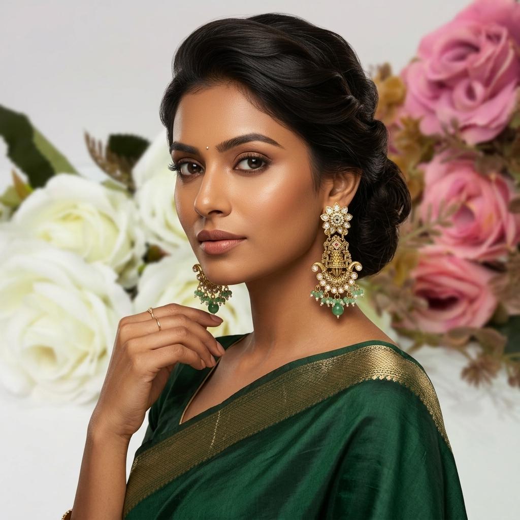 AI Model for Exquisite Gold Look Mint Green Earrings