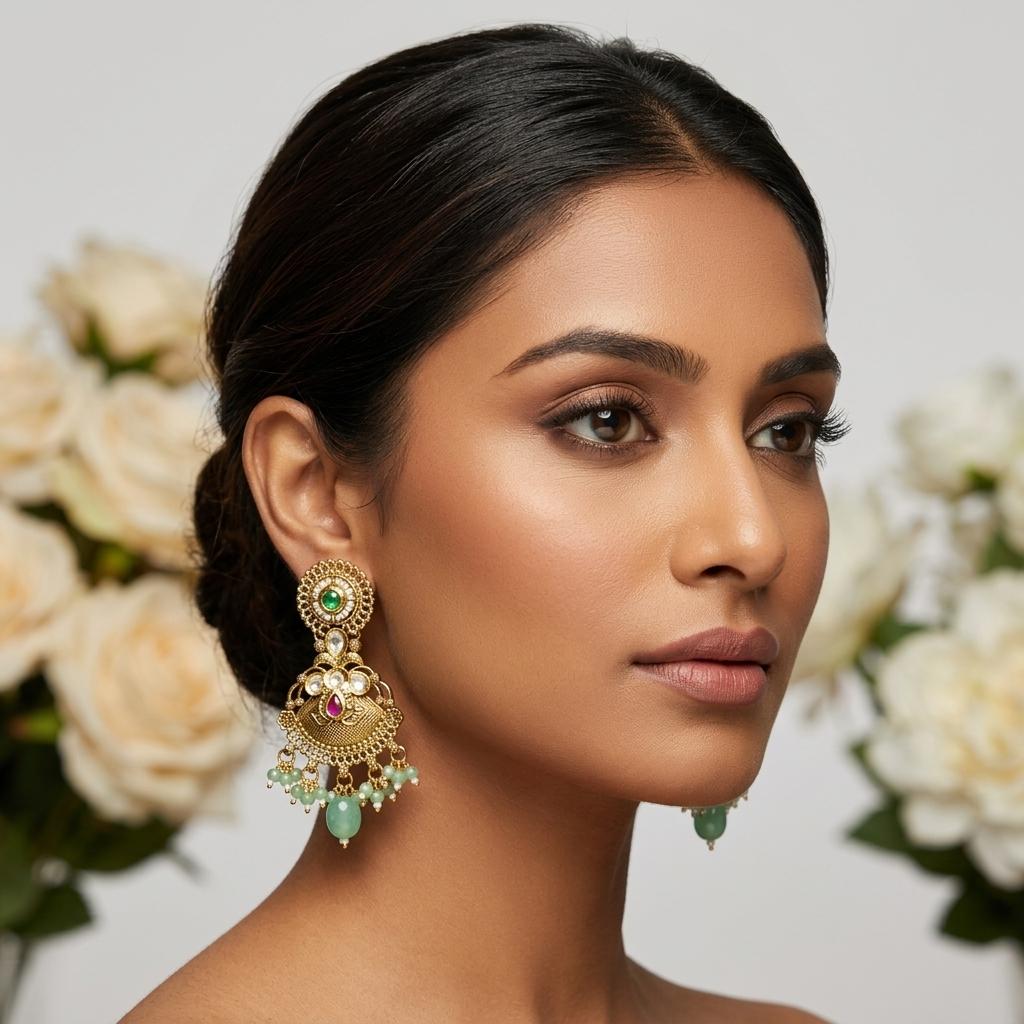 AI Model for Elegant GoldLook Mint Green Earrings