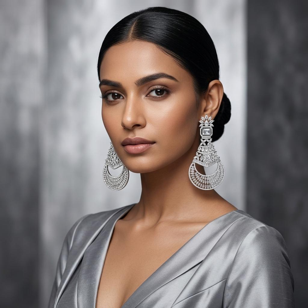 AI Model for Elegant Silver Stone Earrings with Pendant