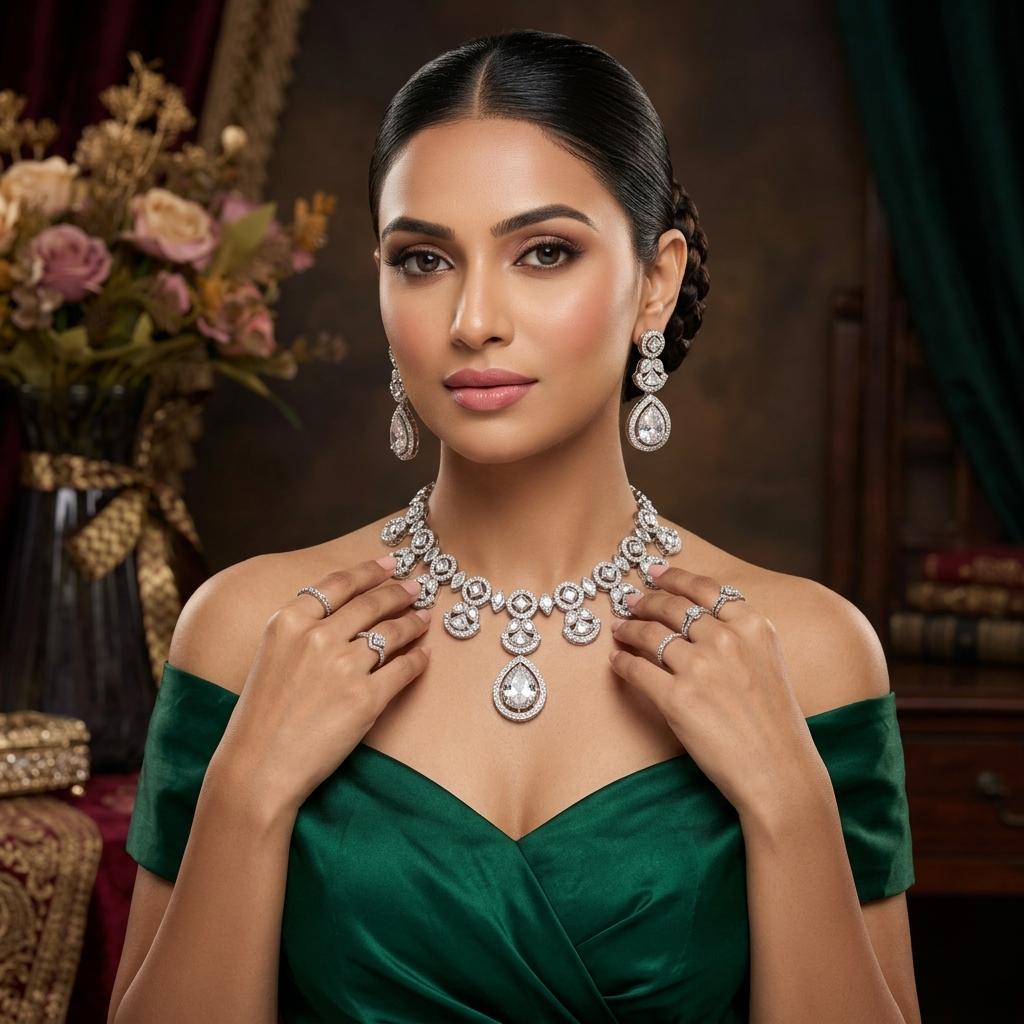 AI Model for Glistening American Diamond Necklace Set