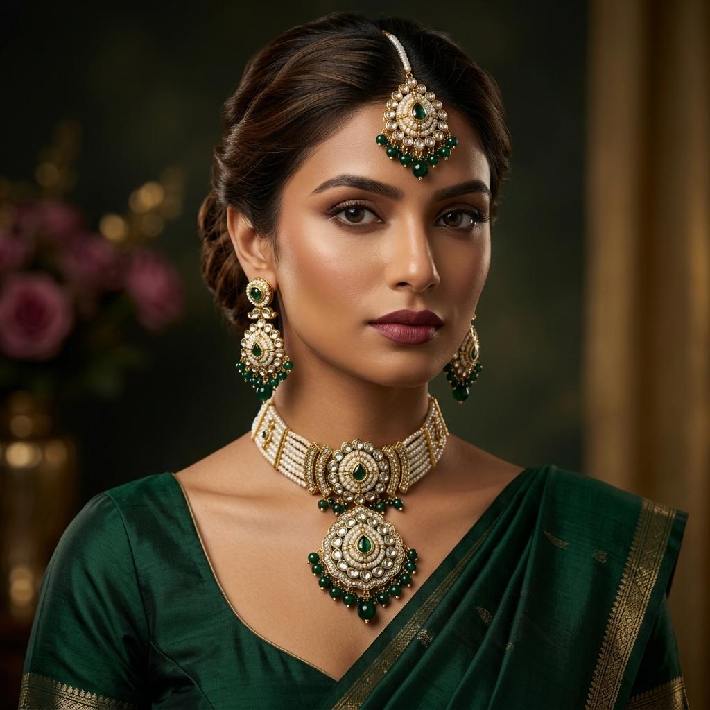 AI Model for Elegant Dark Green Kundan Necklace Set