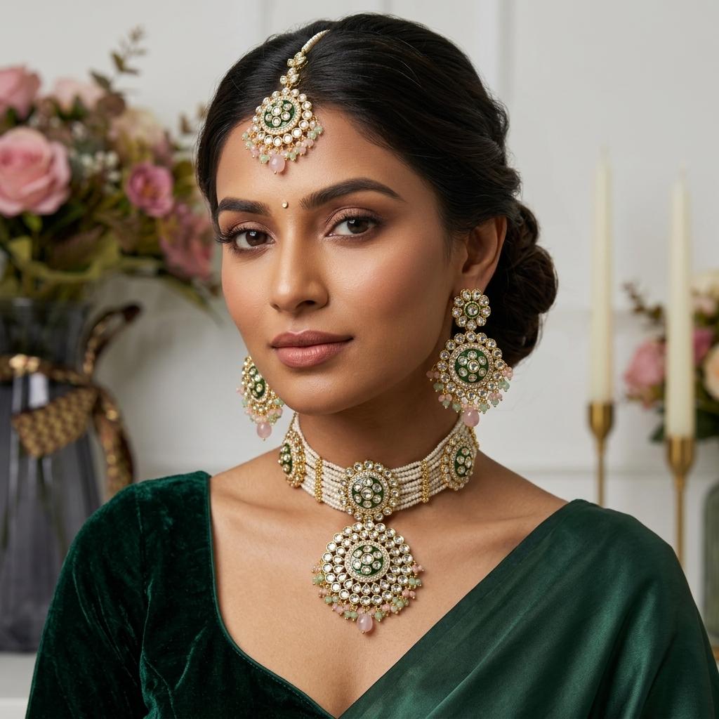 AI Model for Elegant Kundan Necklace Set in Baby Pink and Dark Green