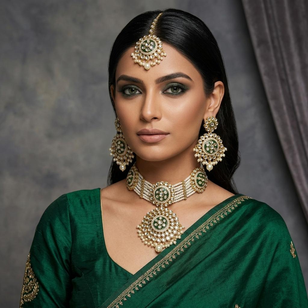 AI Model for Exquisite Dark Green Kundan Necklace Set