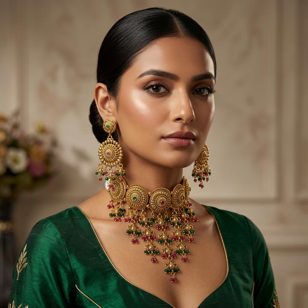 AI Model for Elegant GoldLook Choker Necklace with Multi-Colored Accents