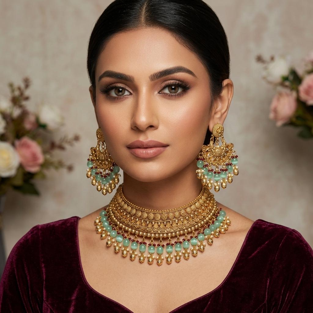 AI Model for Elegant Mint Green GoldLook Necklace Set