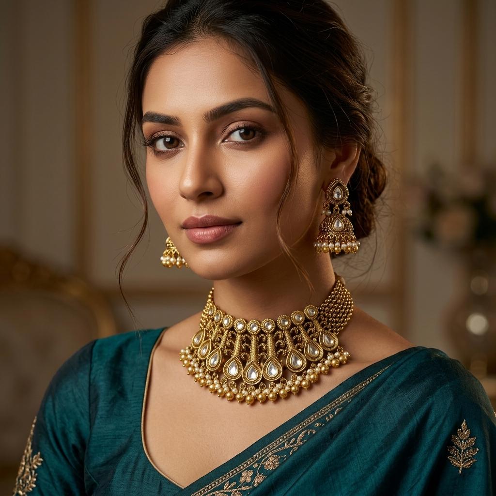 AI Model for Elegant Kundan Gold Look Necklace Set