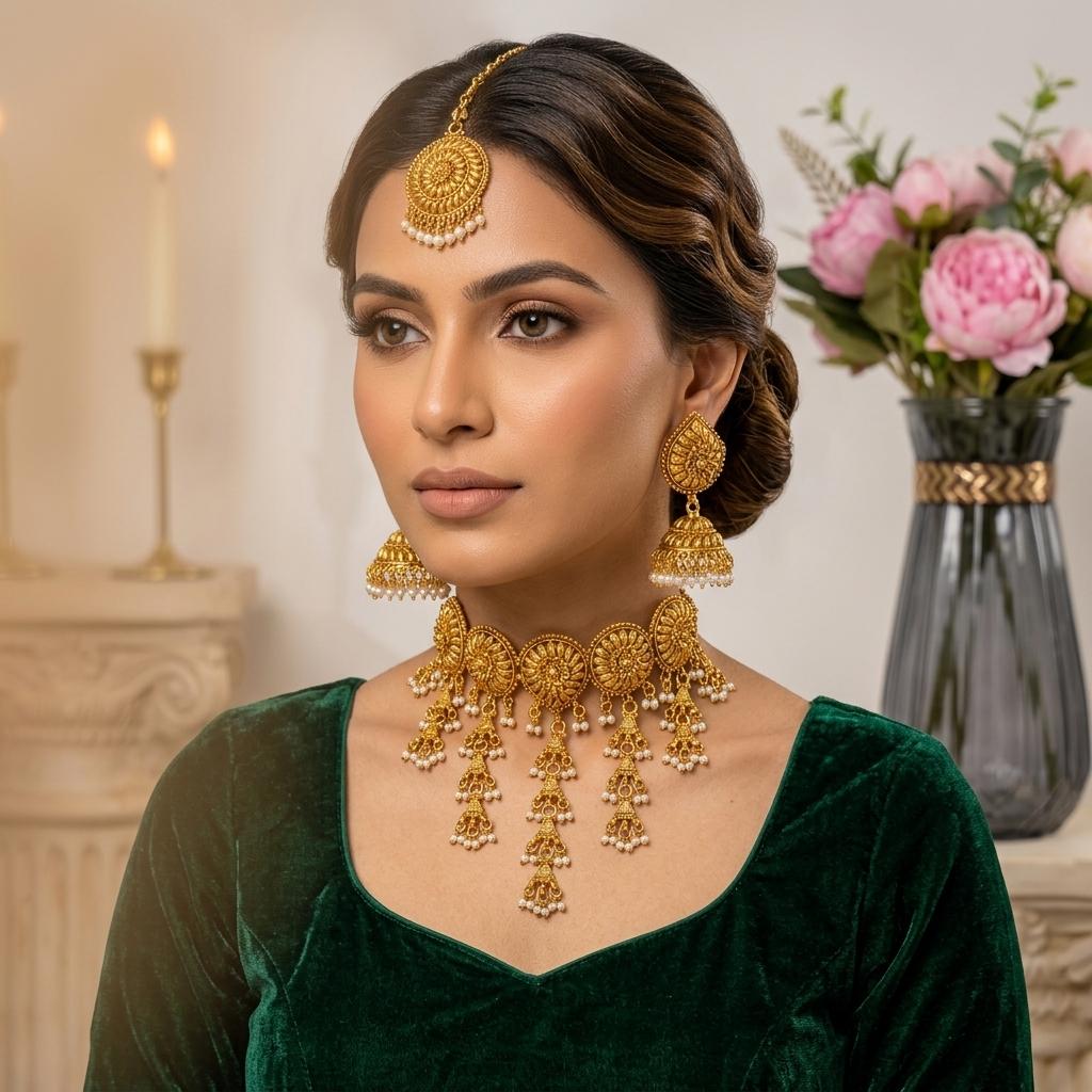 AI Model for Elegant GoldLook Desi Necklace Set