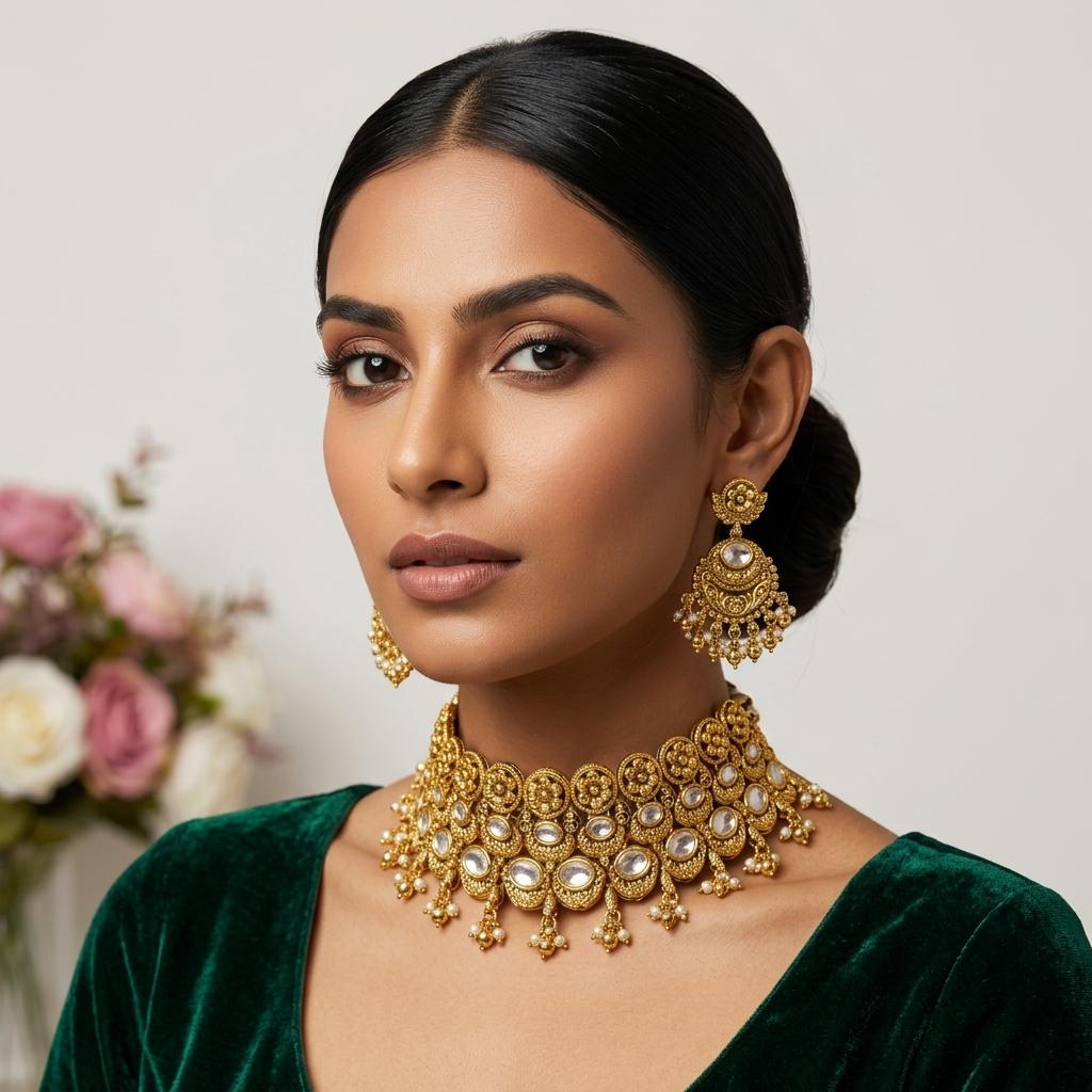 AI Model for Elegant Kundan GoldLook Necklace Set