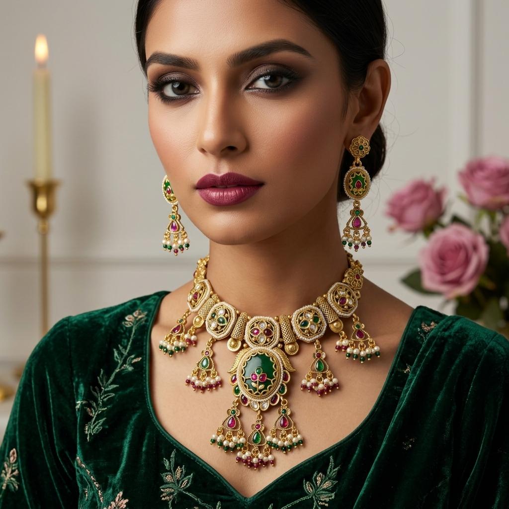 AI Model for Exquisite Kashmiri Heritage Necklace & Earrings Set