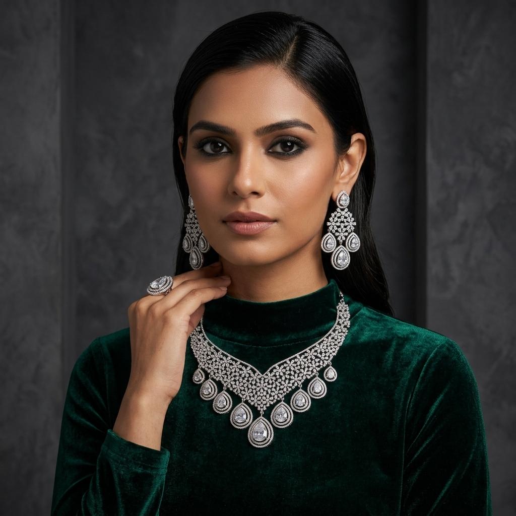 AI Model for Elegant Silver American Diamond Necklace