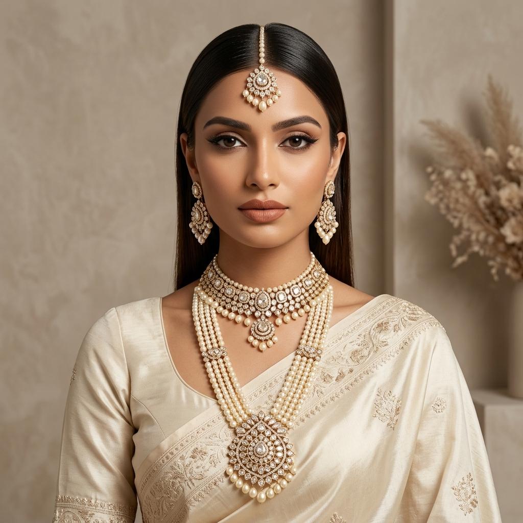 AI Model for Elegant Cream Kundan & Polki Necklace Set