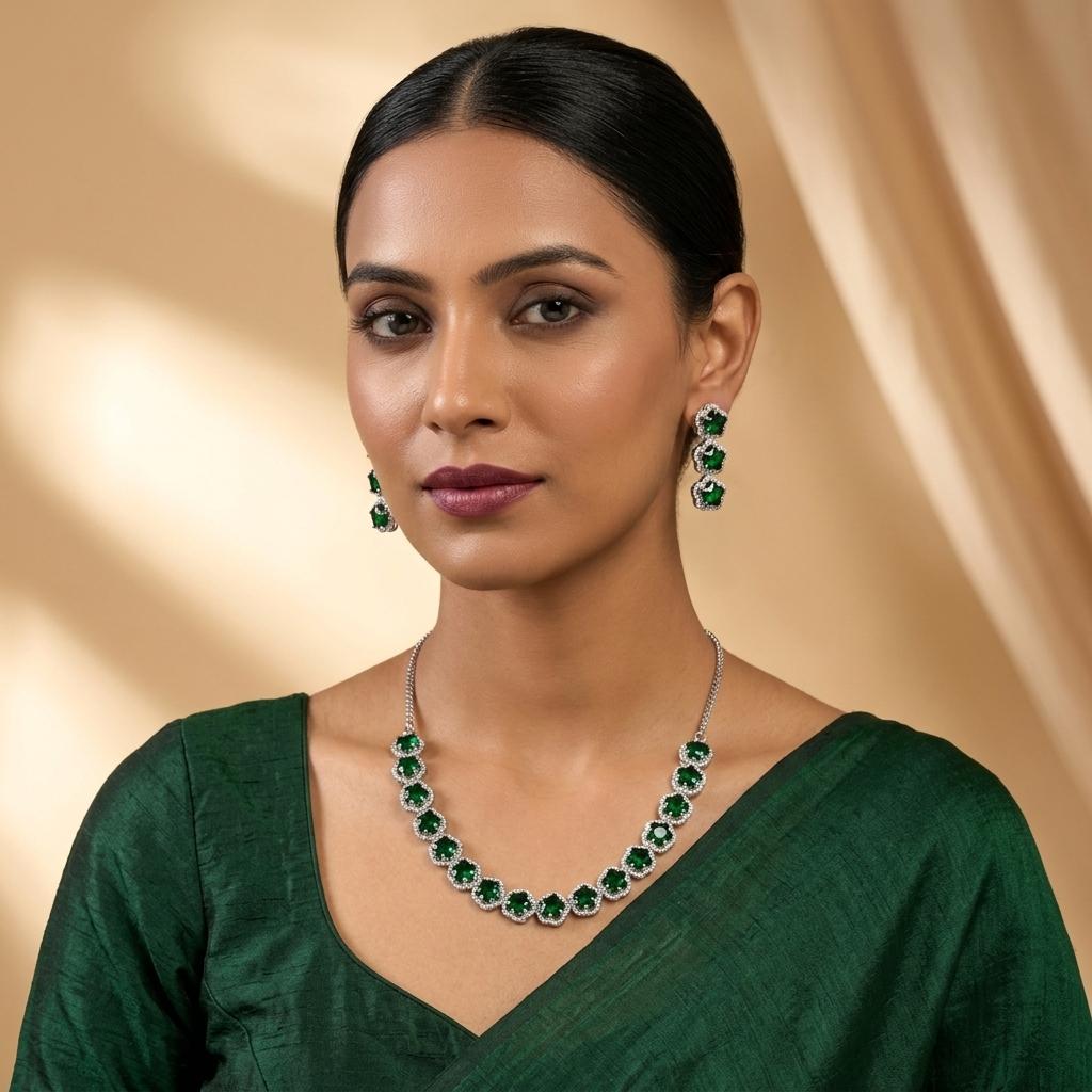 AI Model for Lush Dark Green American Diamond Necklace Set