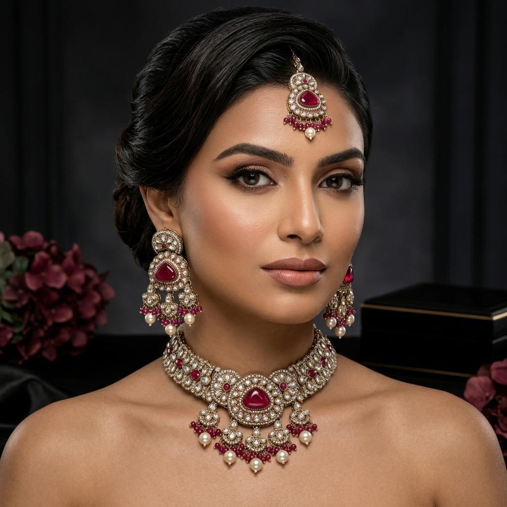 AI Model for Radiant Ruby Red Kundan Necklace Set