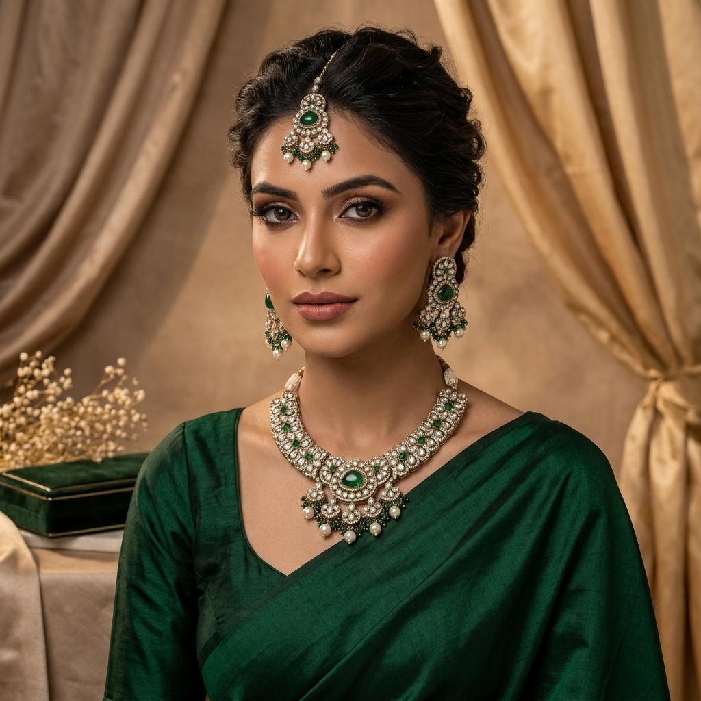 AI Model for Elegantly Crafted Dark Green Kundan Necklace Set