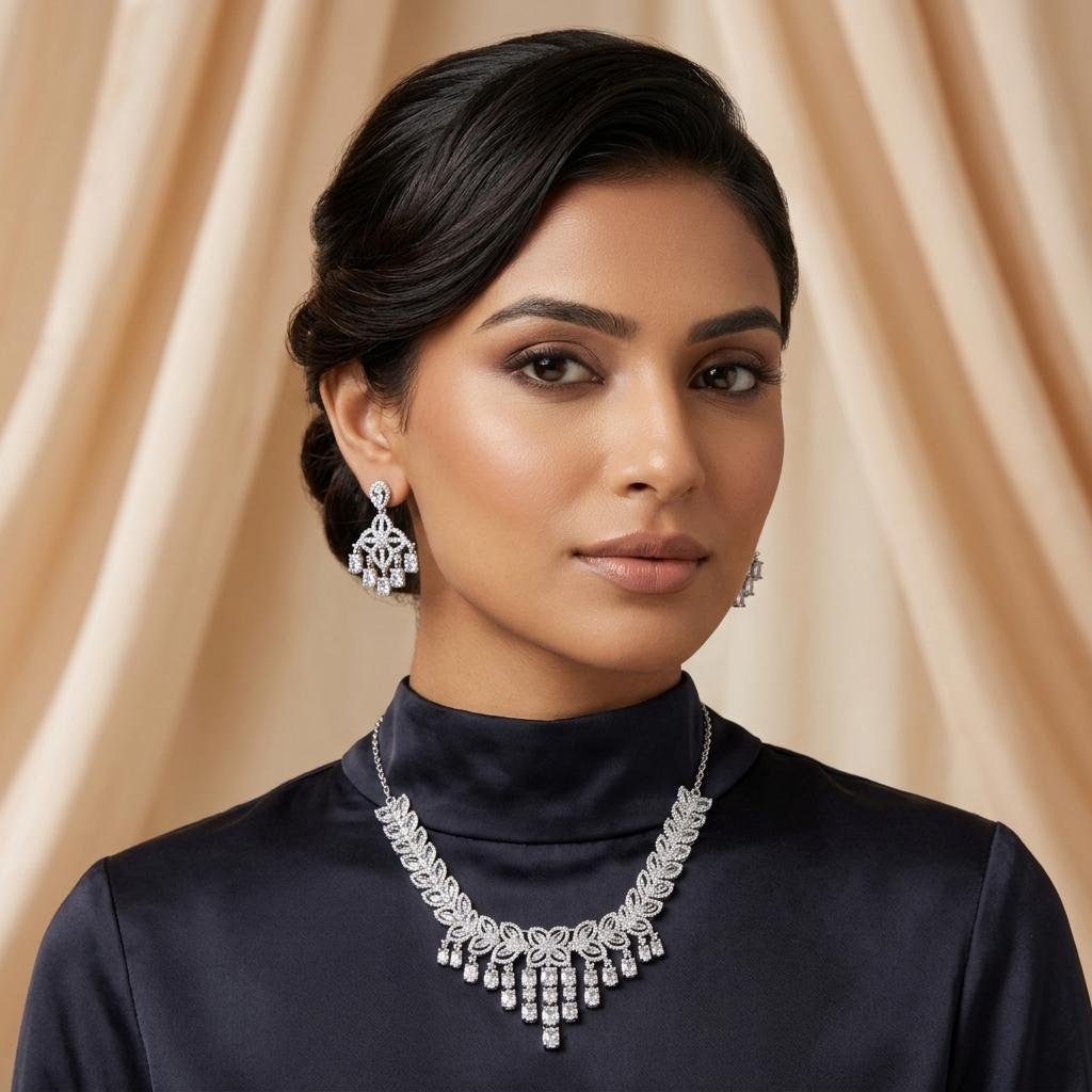AI Model for Elegant American Diamond Necklace Set - Silver Sparkle