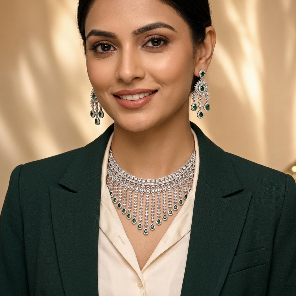 AI Model for Elegant American Diamond Necklace Set with Dark Green Accents