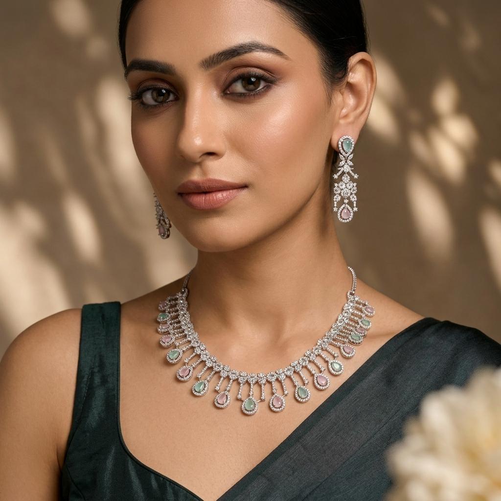 AI Model for Elegant Mint Green & Baby Pink American Diamond Necklace Set
