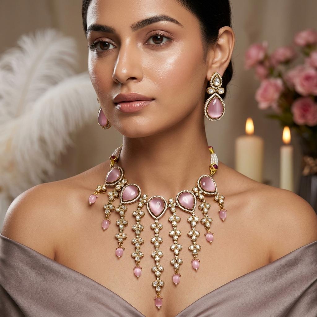 AI Model for Baby Pink Mossianite Kundan Necklace Set