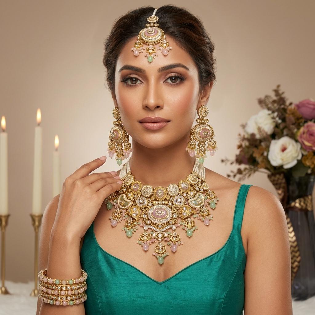 AI Model for Exquisite Mossianite Kundan Polki Necklace Set