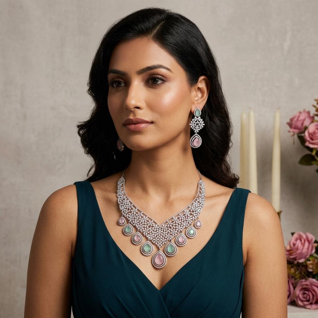AI Model for Ethereal American Diamond Necklace in Baby Pink & Mint Green