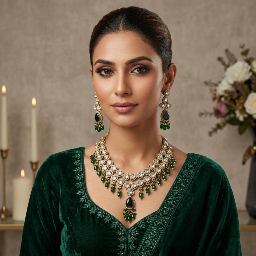 AI Model for Exquisite Dark Green Kundan Necklace Set