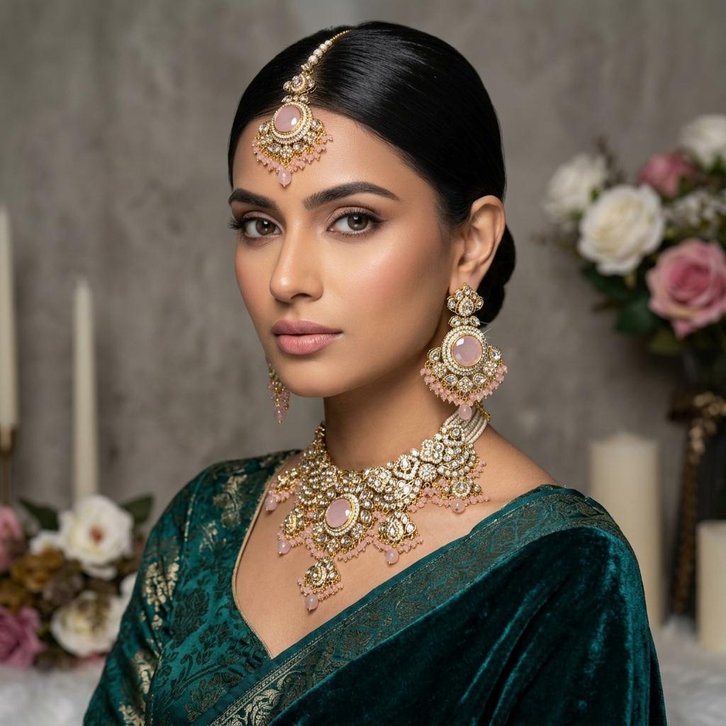 AI Model for Elegant Baby Pink Mossianite Kundan Necklace