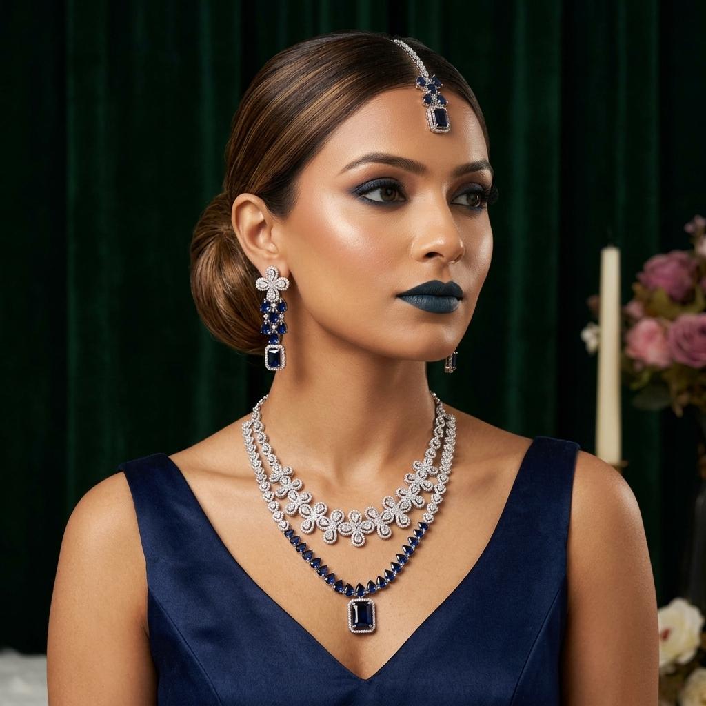 AI Model for Elegant Dark Blue American Diamond Necklace Set