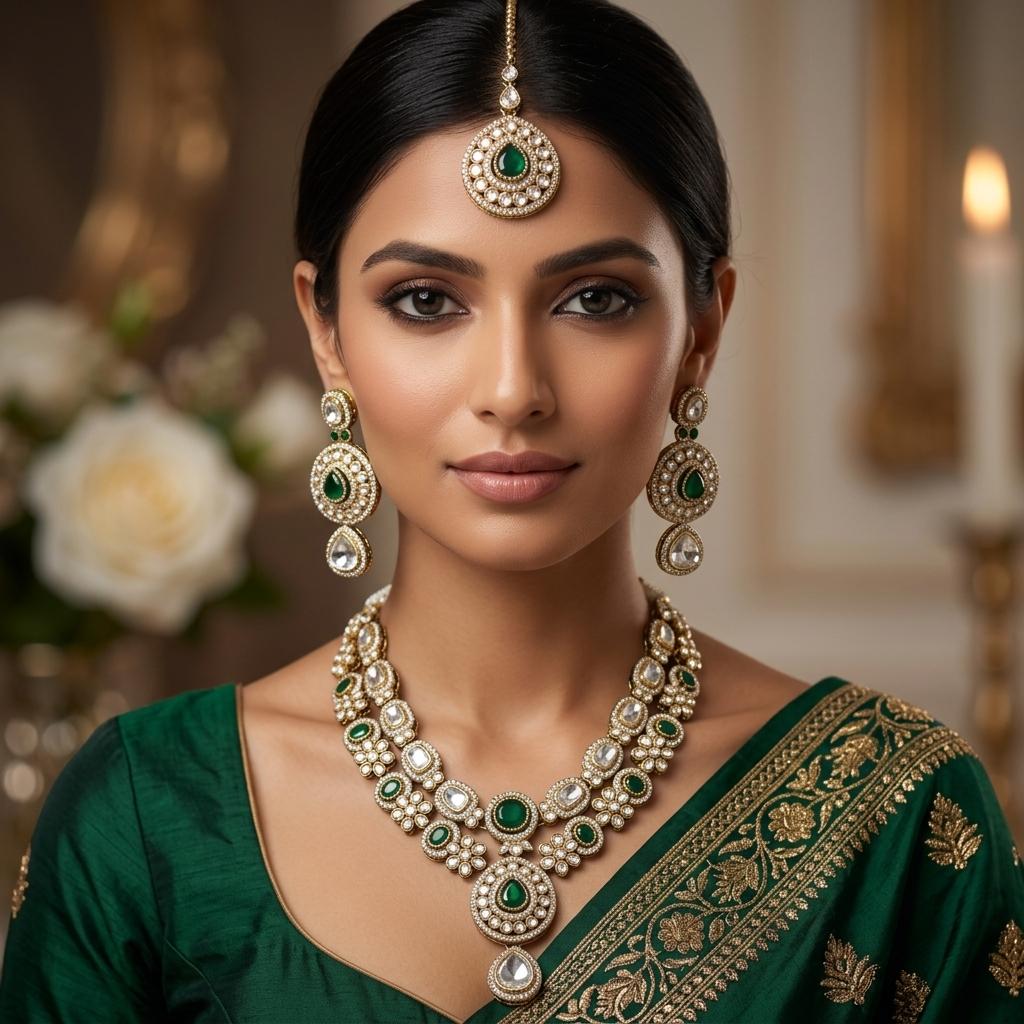 AI Model for Elegant Dark Green Kundan Necklace Set
