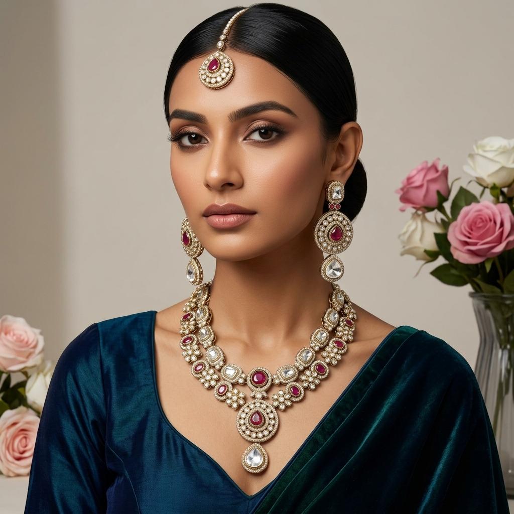 AI Model for Majestic Ruby Red Kundan Polki Necklace Set