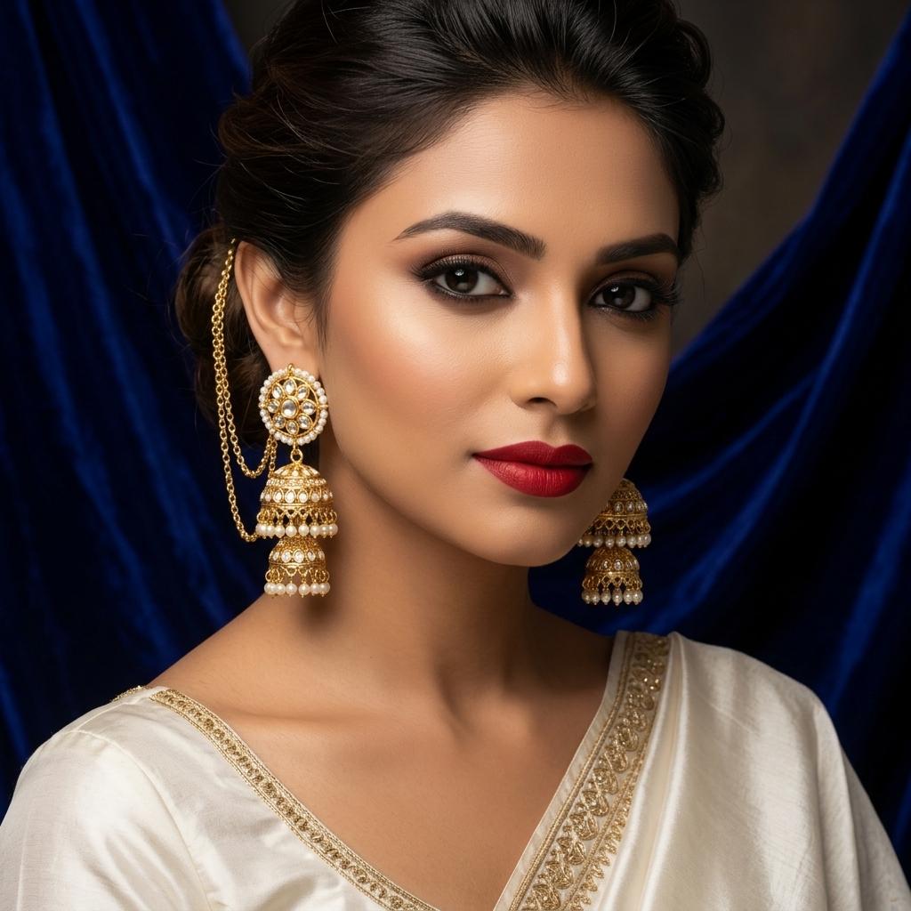 AI Model for Elegant GoldLook White Earrings for Festive Elegance